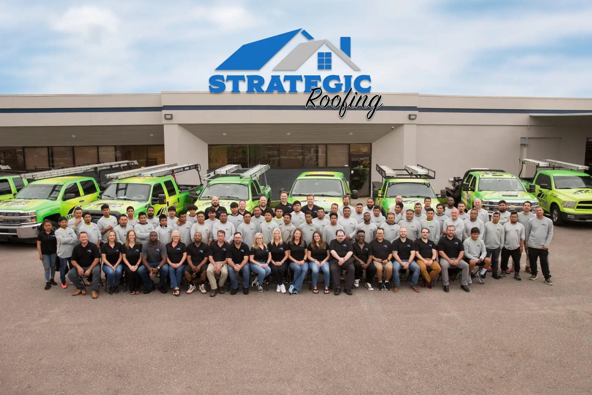 Group photo of the entire Strategic Roofing Team