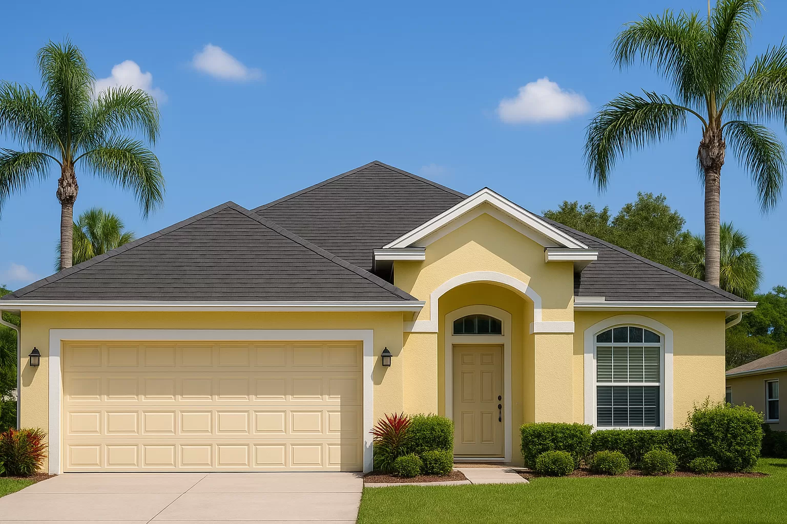 A clean, dark gray architectural shingle roof on a one-story yellow house flanked by palm trees under a sunny blue sky.